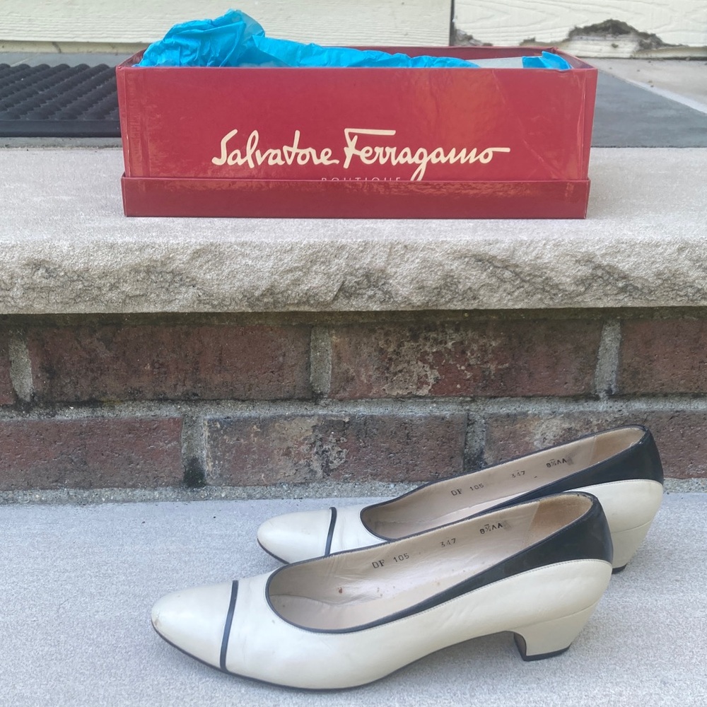 Salvatore Ferragamo Black and Cream Heels